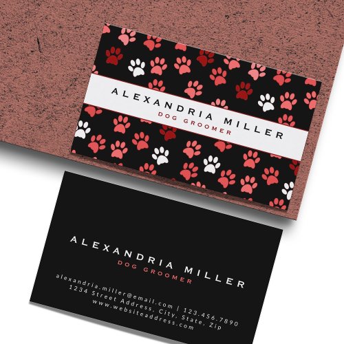Black Pink White Puppy Dog Paw Print Pattern Business Card