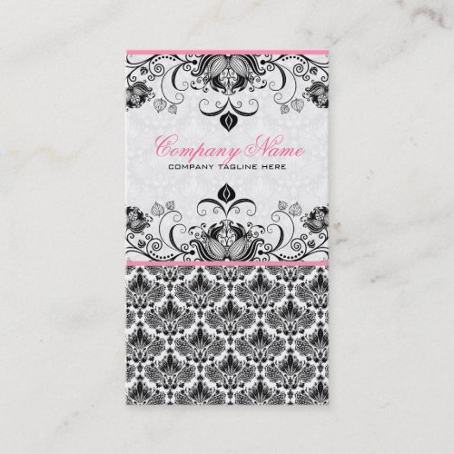 Black Pink &amp; White Retro Floral Damasks Pattern Business Card Template