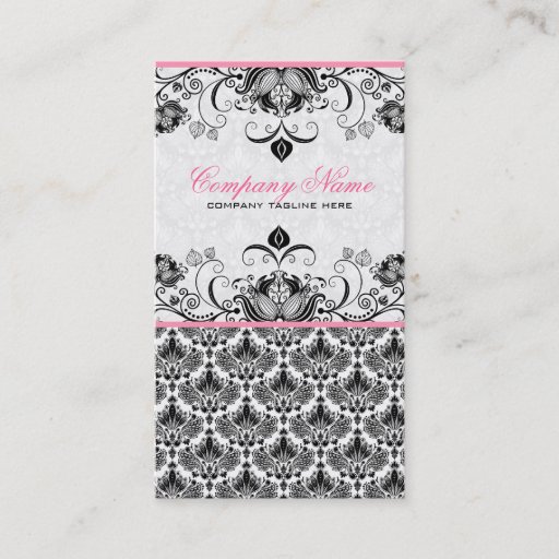 Customizable Black Pink &amp; White Retro Floral Damasks Pattern Business Card Template