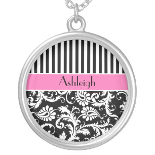 Black, Pink, White Striped Damask Necklace