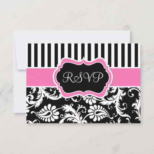 Black Pink White Striped Damask Reply Card