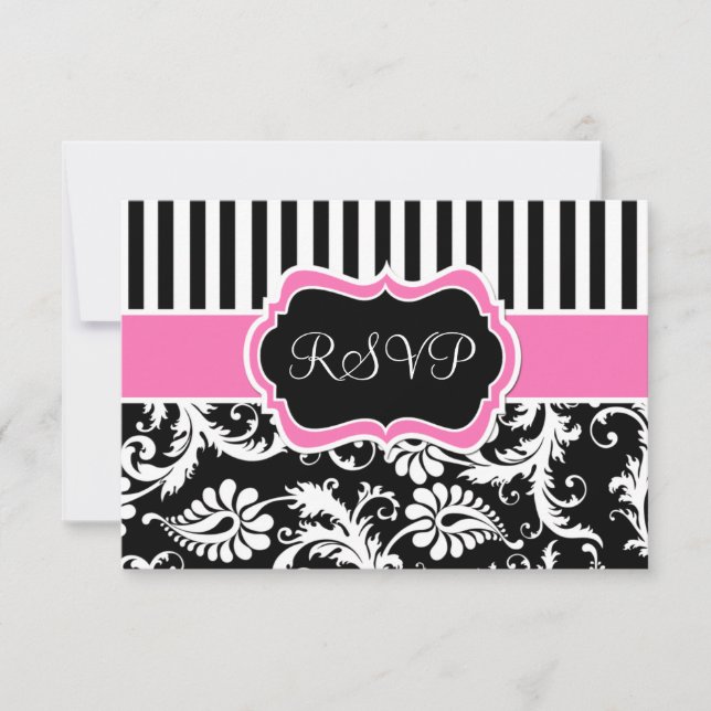 Black Pink White Striped Damask Reply Card (Front)