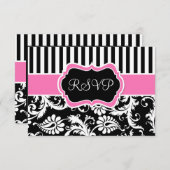 Black Pink White Striped Damask Reply Card (Front/Back)