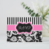 Black Pink White Striped Damask Reply Card (Standing Front)