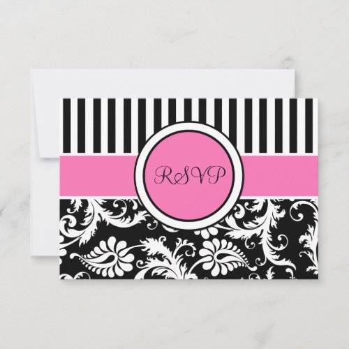 Black Pink White Striped Damask Reply Card