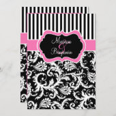 Black Pink White Striped Damask Wedding Invite (Front/Back)