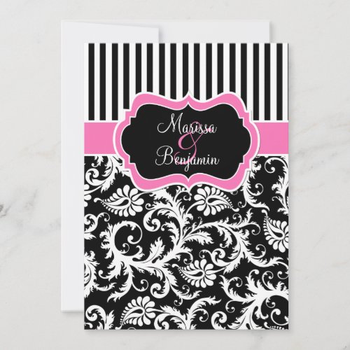 Black Pink White Striped Damask Wedding Invite