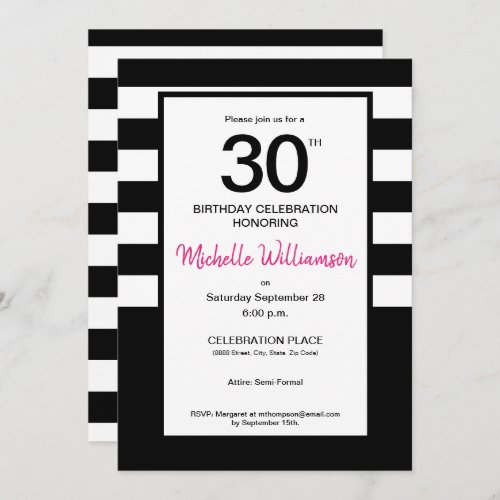 Black Pink White stripes 30th birthday party Invitation