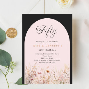 Black pink wildflower floral luxury 50th birthday invitation