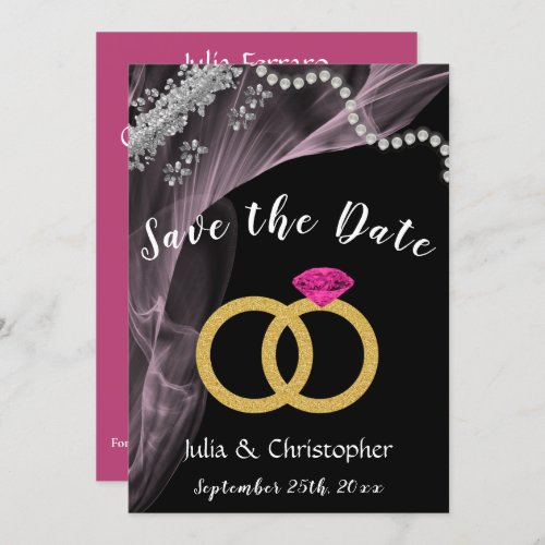 Black  Pink with Wedding Rings  Silver Save The Date