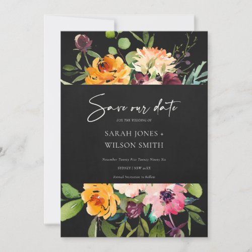 Black Pink Yellow Floral Save The Date Invite