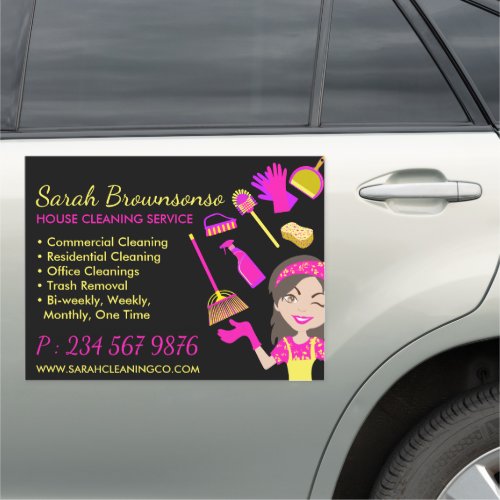 Black Pink Yellow Lady Cleaning Maid Services Car Magnet