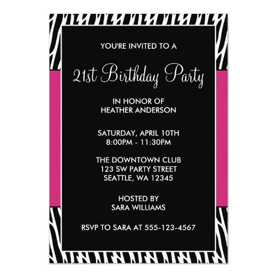 Black & Pink Zebra 21st Birthday Party Invitations