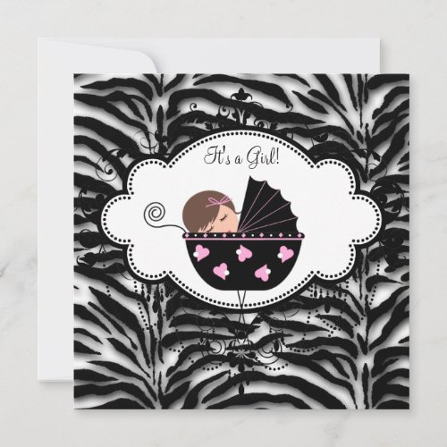 Black Pink Zebra Baby Girl Shower Invitation