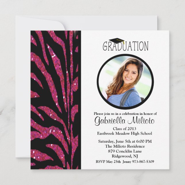 Black & Pink Zebra Photo Graduation Invitation (Front)