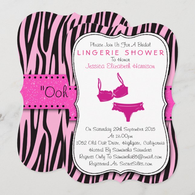 Black & Pink Zebra Print Bracket Lingerie Shower Invitation (Front/Back)