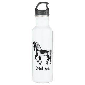 Black Pinto Cartoon Trotting Horse &amp; Custom Name Stainless Steel Water Bottle