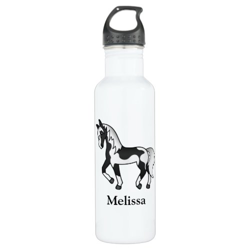 Black Pinto Cartoon Trotting Horse  Custom Name Stainless Steel Water Bottle