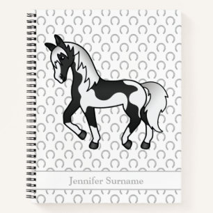 Black Pinto Cartoon Trotting Horse & Custom Text Notebook