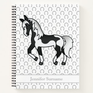 Black Pinto Cartoon Trotting Horse &amp; Custom Text Notebook