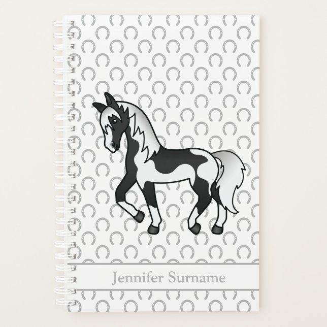Black Pinto Cartoon Trotting Horse & Custom Text Planner (Front)