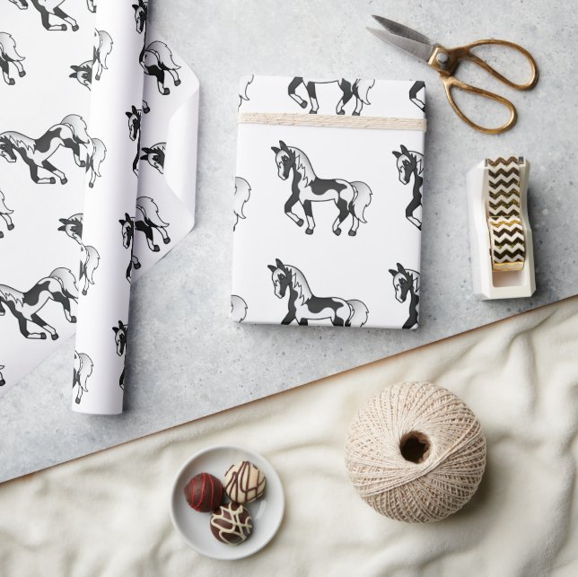 Black Pinto Cute Cartoon Trotting Horse Pattern Wrapping Paper (Crafts)
