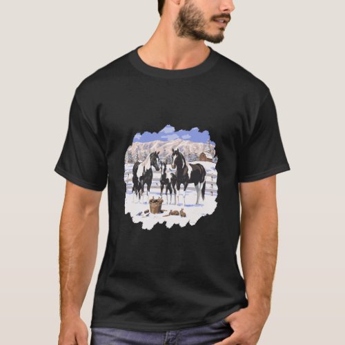 Black Pinto Paint Horses In Snow Winter Scene T_Shirt