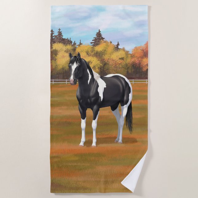 Black Pinto Paint Quarter Horse Stallion Beach Towel (Front)