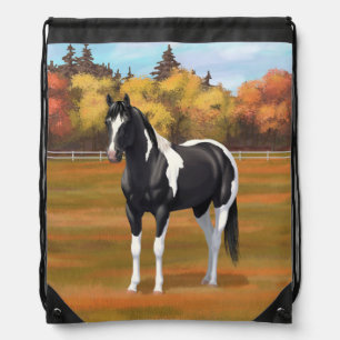 Black Pinto Paint Quarter Horse Stallion Drawstring Bag
