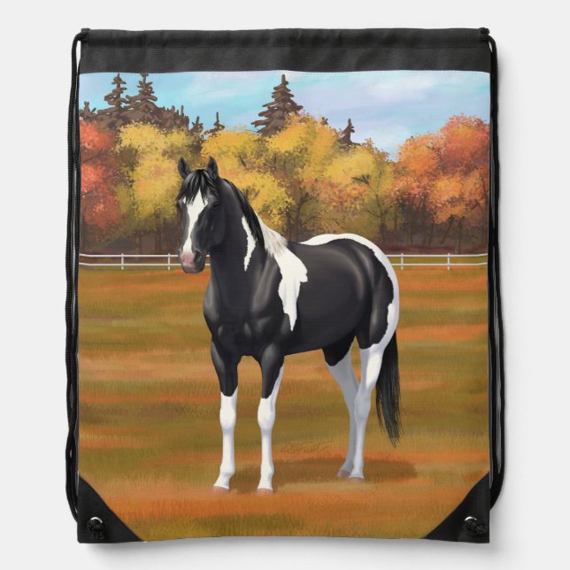 Black Pinto Paint Quarter Horse Stallion Drawstring Bag (Front)