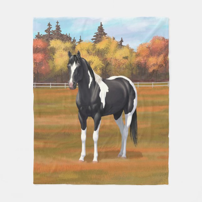 Black Pinto Paint Quarter Horse Stallion Fleece Blanket (Front)