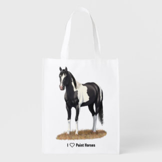 Black Pinto Paint Quarter Horse Stallion Reusable Grocery Bag