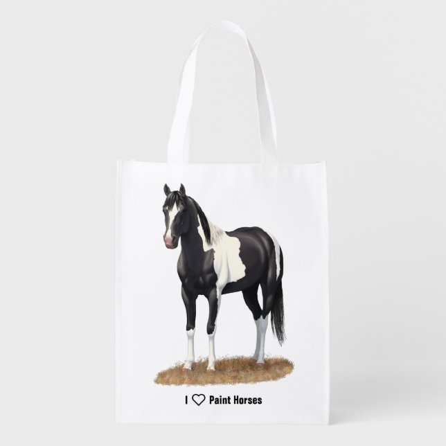 Black Pinto Paint Quarter Horse Stallion Reusable Grocery Bag (Front)