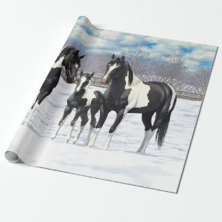 Black Pinto Paint Quarter Horses In Snow Wrapping Paper