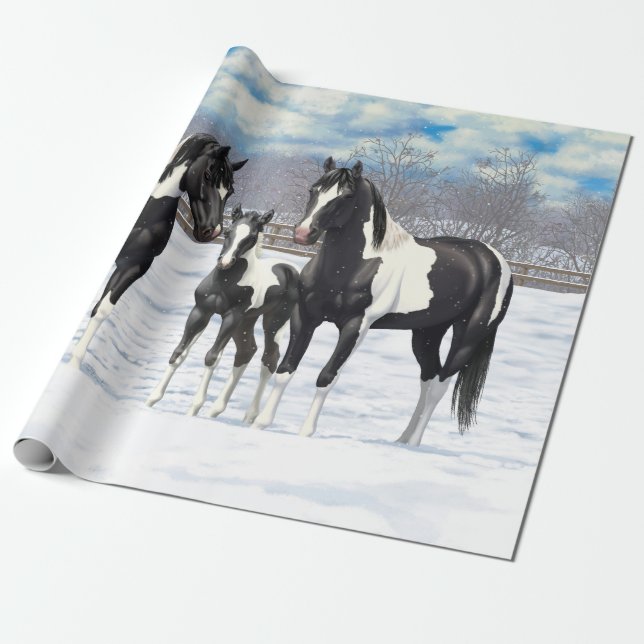 Black Pinto Paint Quarter Horses In Snow Wrapping Paper (Unrolled)