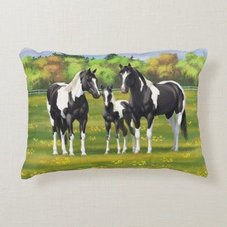 Black Pinto Paint Quarter Horses In Summer Pasture Accent Pillow