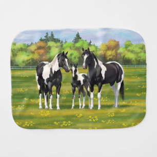 Black Pinto Paint Quarter Horses In Summer Pasture Baby Burp Cloth