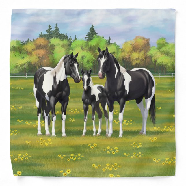 Black Pinto Paint Quarter Horses In Summer Pasture Bandana (Front)