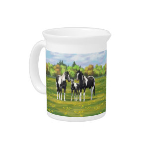 Black Pinto Paint Quarter Horses In Summer Pasture Beverage Pitcher