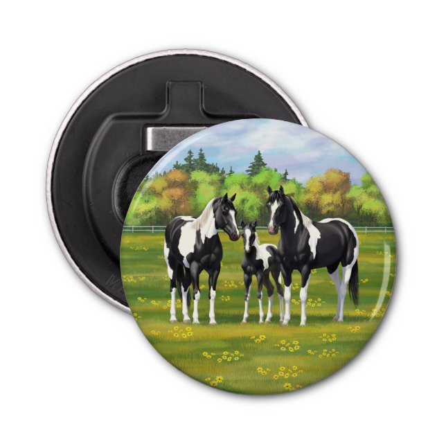 Black Pinto Paint Quarter Horses In Summer Pasture Bottle Opener (Front)