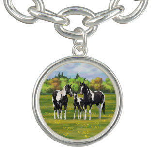 Black Pinto Paint Quarter Horses In Summer Pasture Bracelet