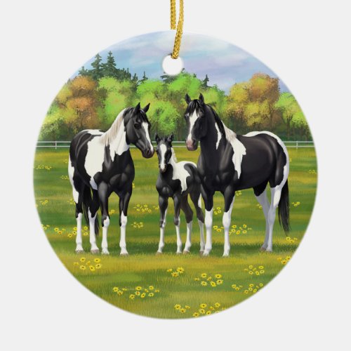 Black Pinto Paint Quarter Horses In Summer Pasture Ceramic Ornament