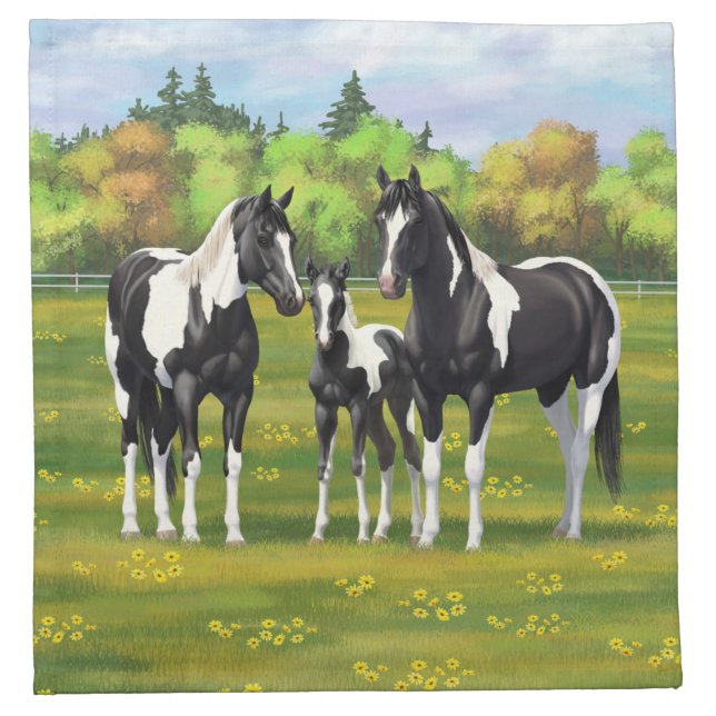 Black Pinto Paint Quarter Horses In Summer Pasture Cloth Napkin (Front)