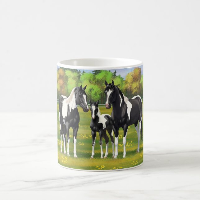 Black Pinto Paint Quarter Horses In Summer Pasture Coffee Mug (Center)
