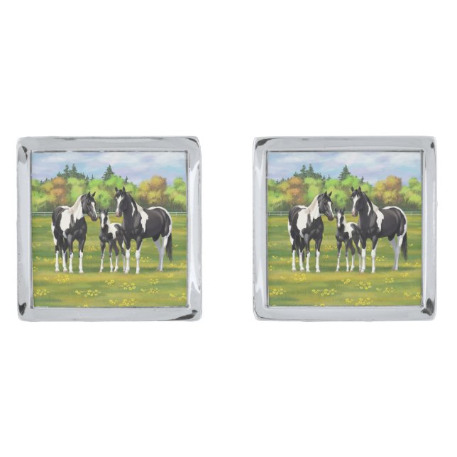 Black Pinto Paint Quarter Horses In Summer Pasture Cufflinks (Front)