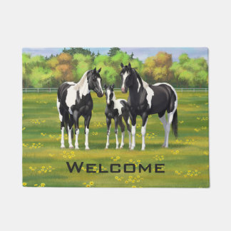 Black Pinto Paint Quarter Horses In Summer Pasture Doormat