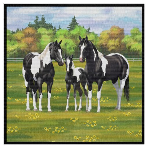 Black Pinto Paint Quarter Horses In Summer Pasture Fabric
