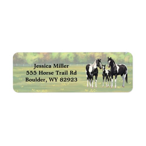 Black Pinto Paint Quarter Horses In Summer Pasture Label