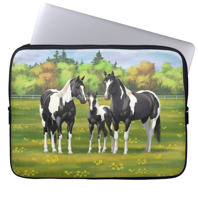 Black Pinto Paint Quarter Horses In Summer Pasture Laptop Sleeve (Front)