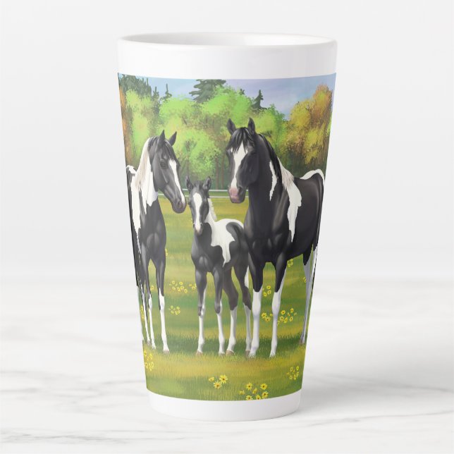 Black Pinto Paint Quarter Horses In Summer Pasture Latte Mug (Front)